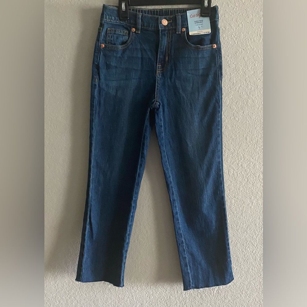 Cat & Jack NEW Girl High Rise Straight Leg Elastic Waist Distressed Hem Jeans 8